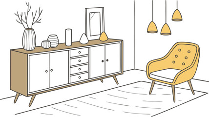Interior . A stylish modern interior scene featuring a mid-century wooden sideboard with clean lines, three drawers, and open shelves. Decorative objects on top include minimalist ceramic vases.