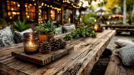 Cozy outdoor dining table decorated with candles and pine cones