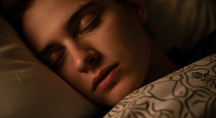 Serene young man sleeping peacefully on comfortable pillow, relaxed state of mind for wellness, relaxation, and calm imagery, studio lighting.