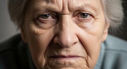 Intense portrait of an elderly woman's face revealing a lifetime of stories and wisdom, her eyes reflecting strength and resilience in older age