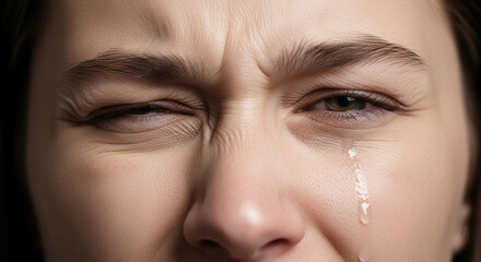 Woman's emotional close up with a single tear running down her cheek, conveying sadness, grief, or intense frustration in a detailed portrait
