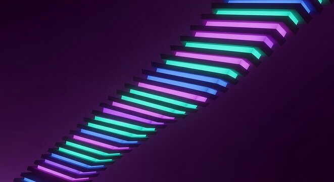 Neon illuminated futuristic stairway concept with purple ambient background
