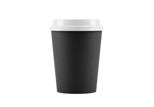 isolated close-up of a blank matte deep charcoal disposable paper coffee cup with a minimalist white plastic lid on an infinite white background, concept for commercial product mockup advertising
