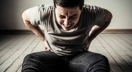 Man experiencing intense back pain needing relief sitting on floor, suffering discomfort, personal injury, health concern, spine issues, physical therapy