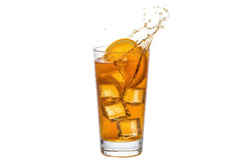 highball glass with golden-amber apple juice, clear ice, and an orange slice garnish, showing a dynamic, frozen liquid splash on a transparent background. concept for beverage advertising