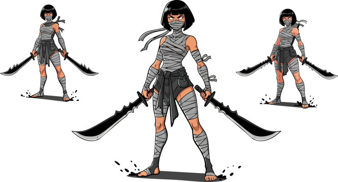 Ninja warrior with swords stands ready for battle in the darkness of the night