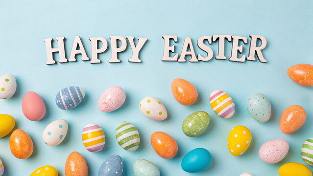 easter decorations inscriptions happy easter and multicolored eggs on pastel blue background