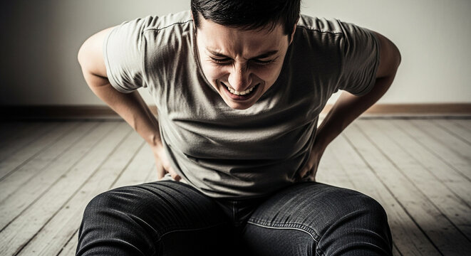 Man experiencing intense back pain needing relief sitting on floor, suffering discomfort, personal injury, health concern, spine issues, physical therapy