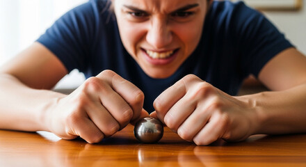 Frustrated woman squeezing stress ball for anxiety relief, coping with pressure and emotional tension, needing relaxation and mindfulness training