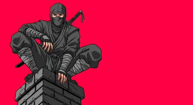 Pixel art ninja perched atop a brick structure against a vibrant red backdrop