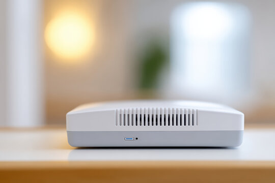 Wireless router device on table with ventilation slots and LED indicator light in soft indoor setting