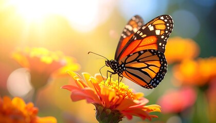 Obraz premium Monarch butterfly with orange/black wings perched on vibrant orange flower, bright sunshine