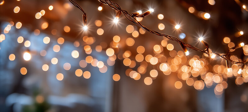 Beautiful string lights creating a warm bokeh background effect - Powered by Adobe