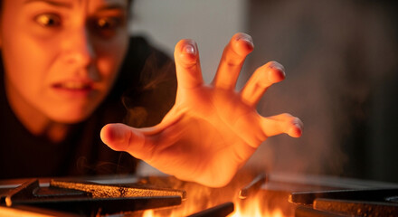 Terrified woman pulling hand away from burning stovetop, kitchen safety awareness, cooking hazard, fear of fire, shocked reaction, potential injury