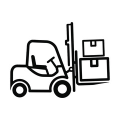 Black outline forklift lifting stacked boxes on white background truck vehicle
