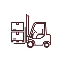Brown forklift truck lifting stacked boxes on a white background cargo