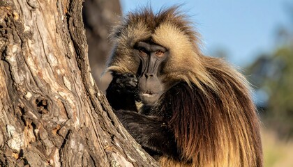 Monkey in tree, with striking mane. Eye contact. Golden light