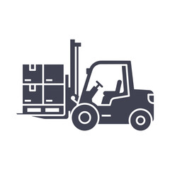 Dark gray silhouette of a forklift truck lifting stacked boxes on a pallet vehicle industrial