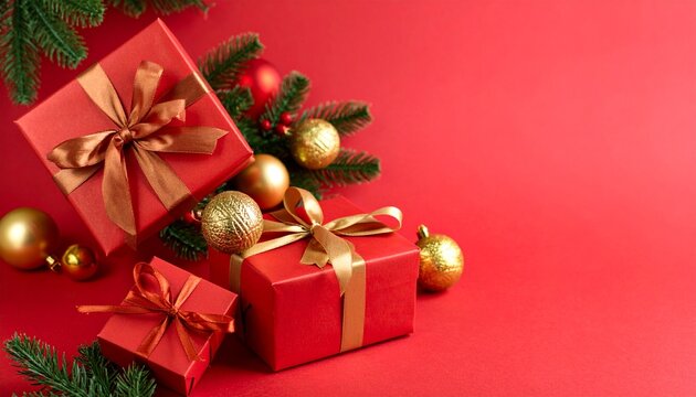Vibrant Christmas scene with red gifts, gold ornaments, and pine branches on a red backdrop, ideal for holiday greetings and festive celebration themes