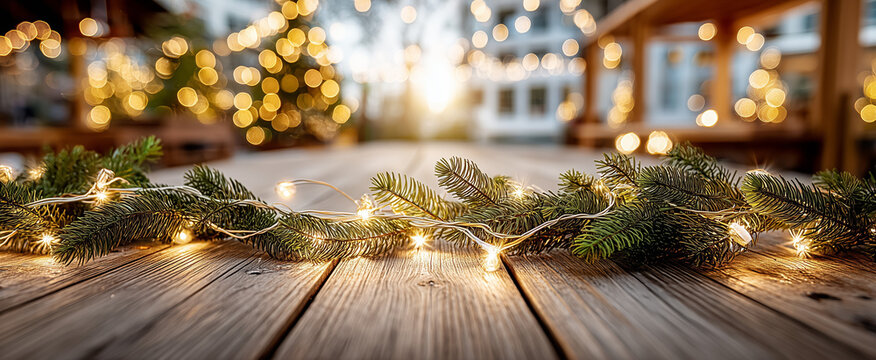 Festive greenery with fairy lights on wooden surface for christmas