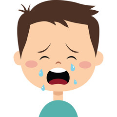 Close up portrait of a young boy with short brown hair wearing a teal shirt crying with tears streaming down his face and mouth open wide in despair and sadness with a white background