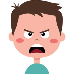 Close Up Portrait of a Young Boy with Brown Hair and Angry Expression Showing Mouth Open Eyes Squinted Pink Cheeks and Teal Shirt Isolated on White Background