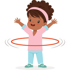 Joyful Young Black Girl In Pink Shirt and Blue Pants Hula Hooping with Arms Raised in Playful Pose Isolated on Transparent Background