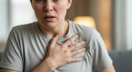 Woman experiencing chest pain or anxiety at home, needing urgent care, feeling stressed and overwhelmed, health concern, shortness of breath, panic attack