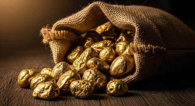 Discover a fortune with this bag overflowing with shiny gold nuggets, perfect for wealth, treasure, or financial themed designs and powerful stock visuals