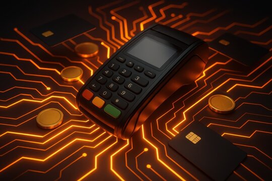 Digital Payment Terminal: A close-up view of a modern payment terminal surrounded by credit cards and gold coins on a background of an intricate glowing circuit board. - Powered by Adobe