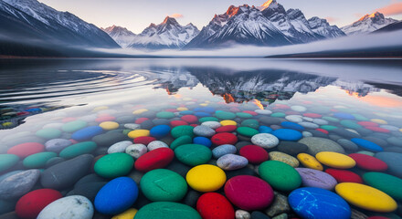 Stunning mountain lake reflecting snowy peaks with vibrant colorful stones beneath crystal clear water offering a sense of peace and natural wonder
