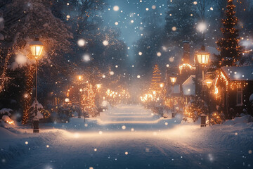 Naklejka premium Generative AI image of outdoor snowy Christmas house and glowing trees in magical holiday atmosphere with festive lights