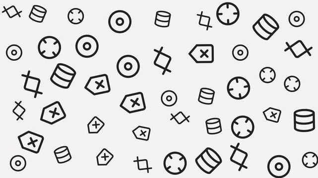 Seamless pattern of abstract geometric icons with various shapes on a light background, graphic design, flat style, top-down view, minimalist concept