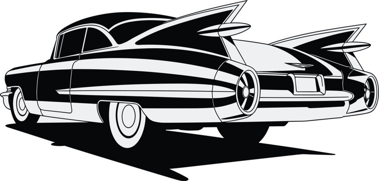 Black and white vector illustration of a vintage 1950s classic car featuring iconic large tail fins and chrome bumper details