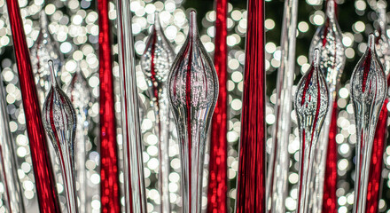 Glass Red Ornament Abstract Holiday. Transparent glass shapes with red accents glowing bokeh lights for christmas festive decorative background.
