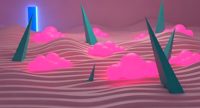Surreal Dreamscape with Pink Clouds and Geometric Shapes Landscape