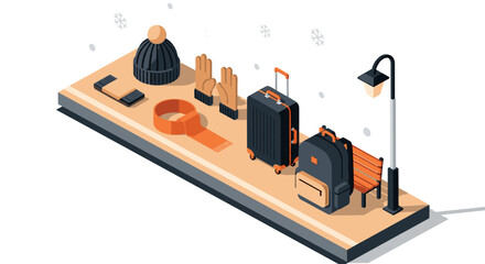 Isometric winter travel essentials with suitcase and warm clothing