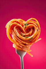 Delicious pasta shaped like a heart, twirled on a fork, resting against a vibrant pink background.