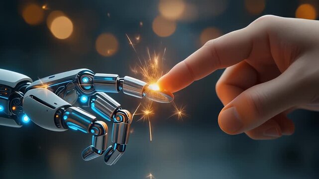 Interaction between human and robotic hand representing the future of technology and humanity in a digital environment