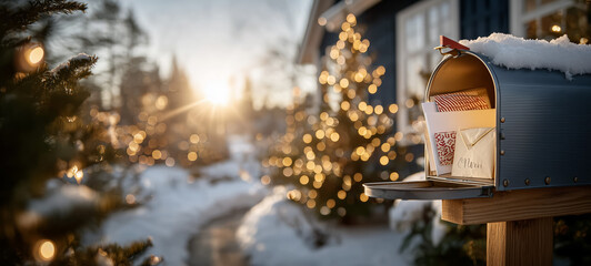 Festive mailbox with christmas cards and snowy landscape background