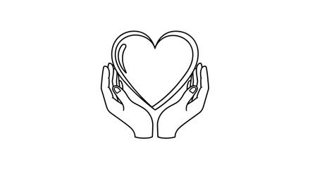 Hands cradling a heart symbol offering affection and support in black and white design