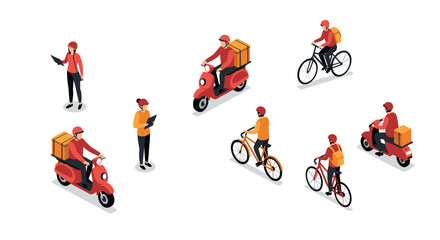 Isometric delivery service set with couriers on bicycles and scooters