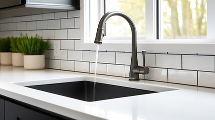 Modern kitchen faucet pouring fresh water into sink with green potted plants providing freshness, ideal for home design and real estate advertising