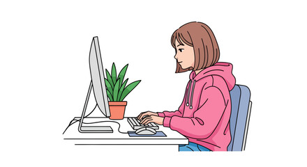 Illustration depicting a young woman working at a computer in a home office setting