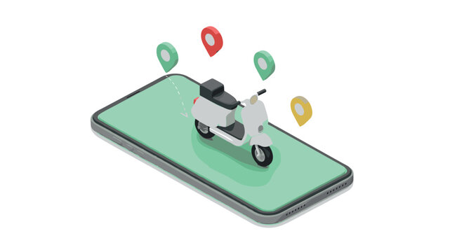 Isometric scooter on smartphone with gps markers for delivery concept