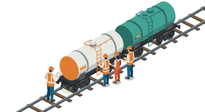Isometric train inspectors working on tank cars on railway tracks