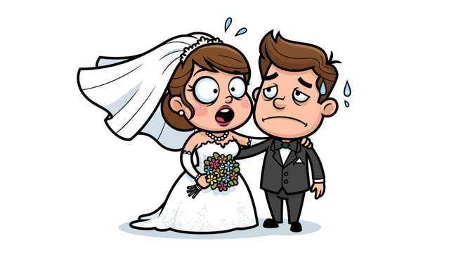 Humorous wedding cartoon depicting a bride's anxiety and groom's dismay reaction