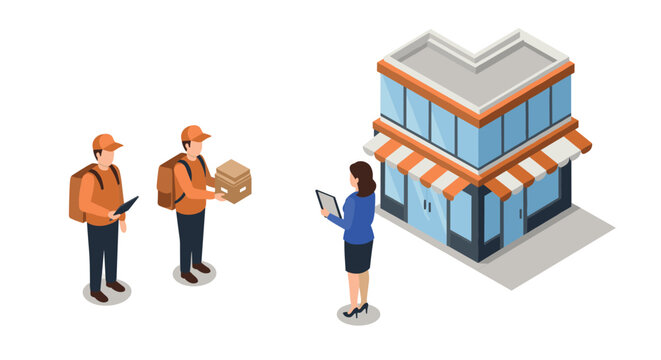 Isometric delivery service concept with couriers and business interaction