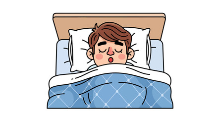 Illustration of a young man sleeping soundly in a comfortable bed with soft bedding