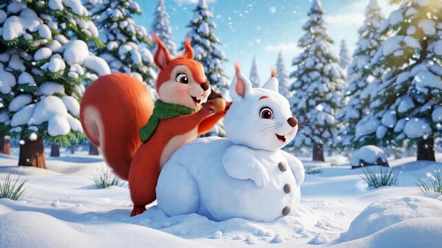Animated squirrel builds snowman in winter forest scene